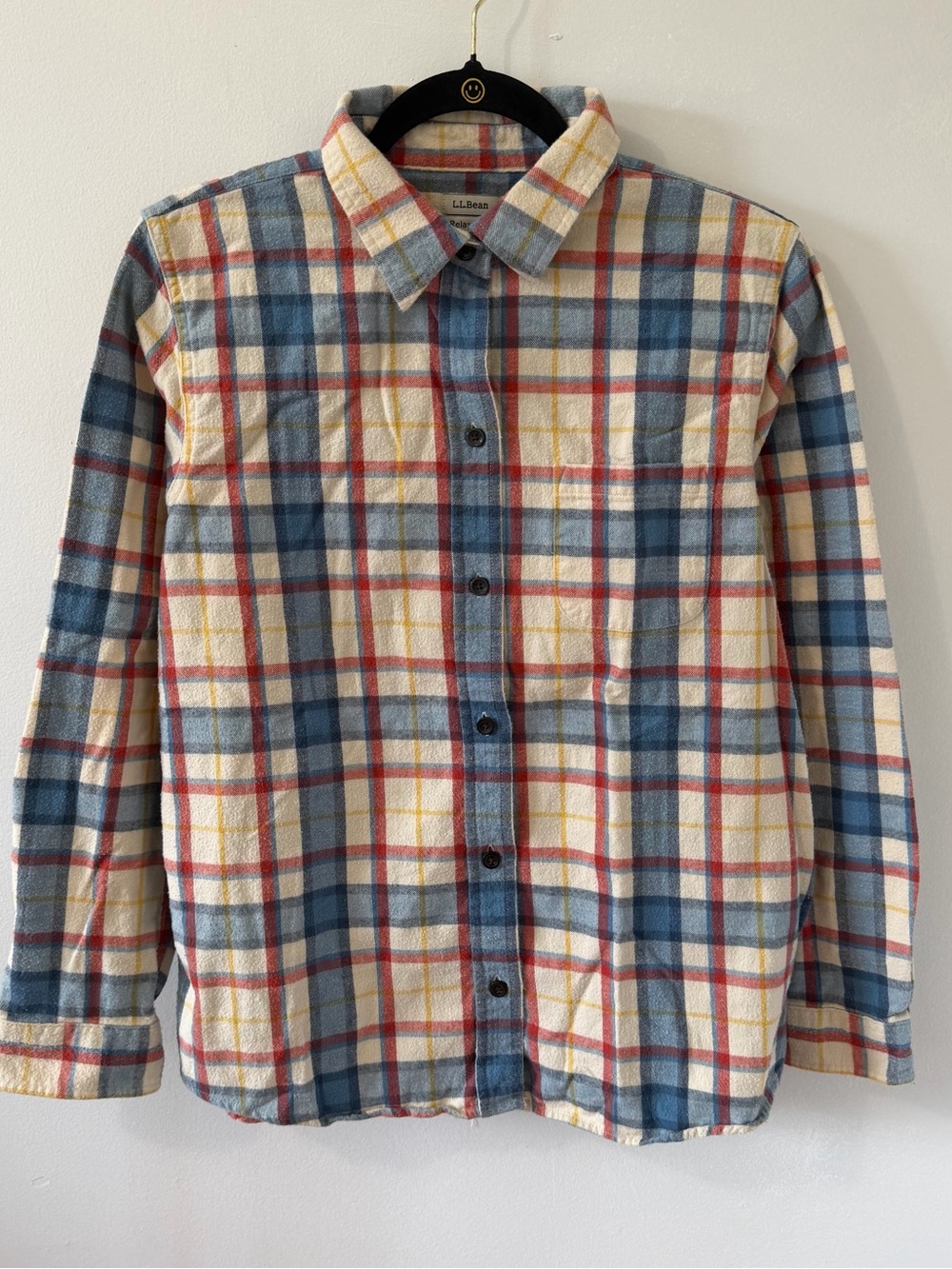 LL BEAN Top Womens M Scotch Plaid Flannel Shirt Relaxed Fit Button Up Ivory Blue